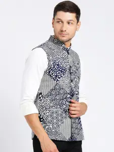 KISAH Men Blue Printed Nehru Jacket