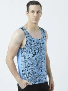 Huetrap Men Blue Printed Scoop Neck T-shirt