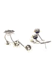 Voylla Silver-Plated & Blue Oxidised Dome Shaped Drop Earrings