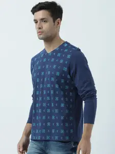 Huetrap Men Navy Blue Printed V-Neck T-shirt
