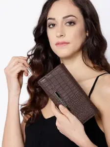 Lino Perros Women Coffee Brown Croc Texture Three Fold Wallet