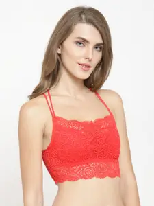 PrettyCat Red Lace Non-Wired Lightly Padded Styled Back Bralette Bra PC-SB-5126-RED-36B