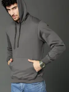 Roadster Men Charcoal Solid Hooded Sweatshirt