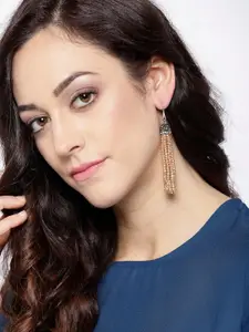 Jewels Galaxy Beige & Black Silver-Plated Handcrafted Tasselled Drop Earrings