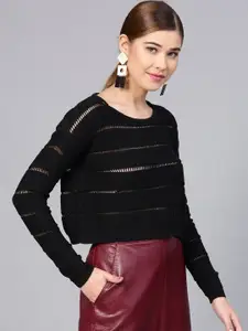 STREET 9 Women Black Open Knit Crop Pullover