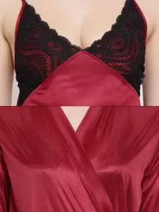 Clovia Women Maroon Solid Baby-Doll Nightdress with Robe