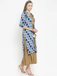 Indibelle Women Blue & Beige Printed Longline Shrug