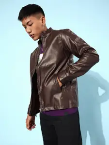 Roadster Men Deep Burgundy Solid Leather Jacket