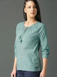 Roadster Blue Geometric Smocked Pure Cotton Top