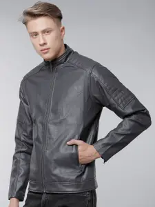 LOCOMOTIVE Men Grey Solid Biker Jacket