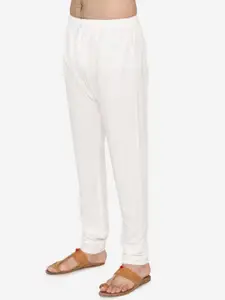 Manyavar Men Peach-Coloured & Off-White Self Design Kurta with Churidar