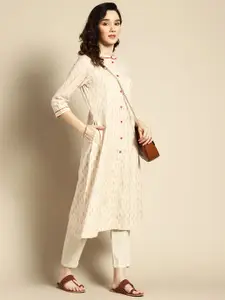 Sangria Women Off White & Red Geometric Printed A-Line Kurta