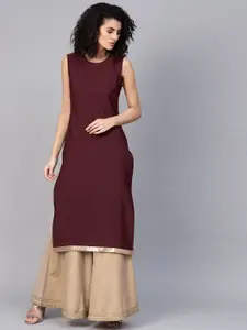 Wishful by W Women Burgundy Printed A-Line Layered Kurta with Ethnic Jacket