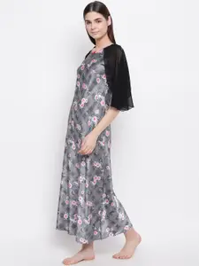 Sweet Dreams Charcoal Grey & Off-White Printed Satin Finish Maxi Nightdress
