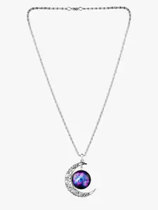 Peora Women Silver-Plated & Purple Glass Galaxy & Crescent Cosmic Moon Pendant With Chain
