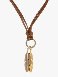 Peora Women Gold-Plated & Brown Feather-Shaped Pendant With Leather Cord