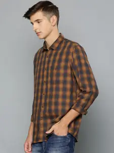 Louis Philippe Sport Men Brown & Navy Blue Slim Fit Checked Casual Shirt