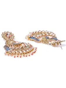 Priyaasi Blue Gold-Plated Kundan Studded Meenakari Peacock Shaped Chandbalis