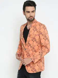 SHOWOFF Men Orange Printed Slim Fit Single-Breasted Pure Cotton Blazer
