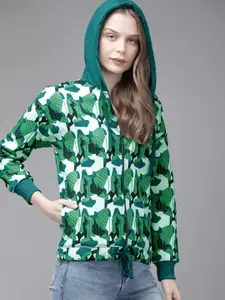 The Roadster Lifestyle Co Women Green Printed Hooded Sweatshirt