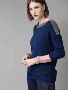 The Roadster Lifestyle Co Women Blue Solid Sweater