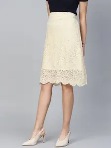 Athena Women Cream-Coloured Lace A-Line Skirt