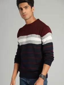 The Roadster Lifestyle Co Men Maroon & Navy Blue Striped Sweater