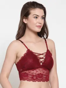PrettyCat Maroon Lace Non-Wired Lightly Padded Bralette Bra PC-SB-2PCS-5145-MAH