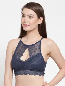 PrettyCat Navy Blue Lace Non-Wired Lightly Padded Bralette Bra PC-SB-2PCS-5138