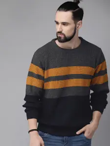 The Roadster Lifestyle Co Men Charcoal Grey & Rust Orange Striped Sweater