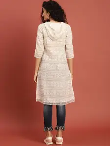 Taavi Women White & Yellow Block Print Straight Sustainable Kurta with a Hood