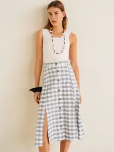 MANGO Women White & Grey Buffalo Checked Midi A-Line Skirt