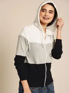 DressBerry Women White & Grey Melange Colourblocked Hooded Sweatshirt