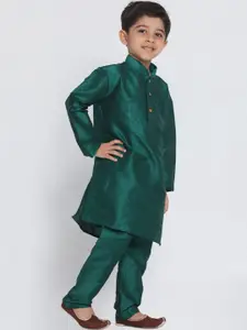 VASTRAMAY Boys Green Solid Cotton Silk Kurta with Churidar