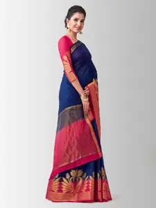 MIMOSA Navy Blue & Pink Linen Blend Woven Design Kanjeevaram Saree