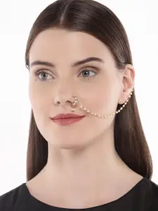 AccessHer Gold-Plated Vilandi Kundan Stone and Pearl-Studded Chained Nose Ring
