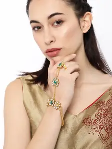 Zaveri Pearls Gold-Toned & Green Kundan Ring Bracelet