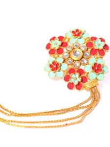 KARATCART Women Mint Green & Red Gold Plated Enamelled Adjustable Dual Finger Ring