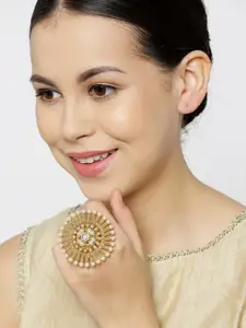 Priyaasi Gold-Plated & Off-White Handcrafted Beaded Adjustable Finger Ring