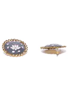 Priyaasi Gold-Plated & Grey Hand Painted Circular Drop Earrings Studs