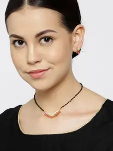 Priyaasi Black & Pink Gold-Plated American Diamond Mangalsutra with Earrings Set