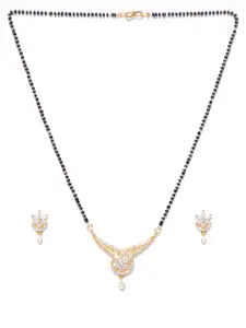 Priyaasi Black Gold-Plated American Diamond Mangalsutra with Earrings Set