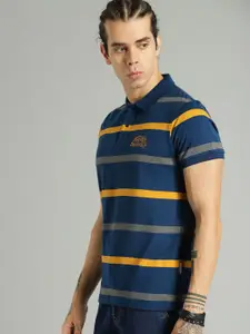 Roadster Men Navy Blue  Yellow Striped Polo Collar Pure Cotton T-shirt