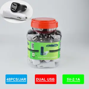 dual usb car charger in plastic jar charge any mobile phone with two usb port and UPC barcode popular car charger 2100mA