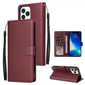 50pcs/set Wine Red Wallet Cell Phone Cases PU Leather Mobile Bags Coque Fundas Flip Back Cover For 13 pro max