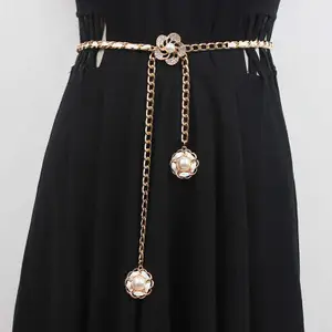 Belt Women Fashionable Camellia Rhinestone Pearl Chain Waistband Versatile Styling Accessory for Dresses & Skirts