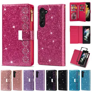 Wallet Phone Case for Samsung Galaxy Z Fold 6 5 4 3 Multi-Card Slots Zipper Purse Starry Glitter PU Leather Shockproof Protective Flip Cellphone Cover