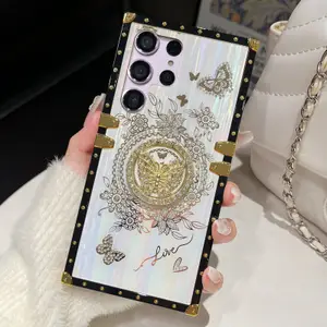 Glitter Butterfly Foldable Stand Kickstand Aurora Bling Square Phone Case For Samsung S24 FE S23 Ultra S22 S21 A05 A05S A15 A35 A55 A14 A34 A54 A13 A33 A53 A22 A32 A52 A72