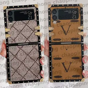 Z Flip 4 Case Gold Rivet Square Designer Phone Case For Samsung Galaxy Z Flip4 Z Flip 3 5G Cover Leather Monogram Bracket Case