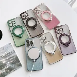 Glitter Transparent Ring Holder Phone Cases 15plus 14 13 12 11 Pro Max Wireless Charge Magnetic Camera Soft Plating bling Cover